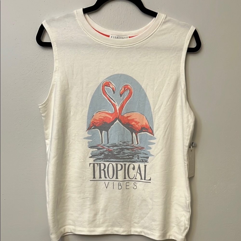 P.J. Salvage Cream Graphic Muscle Tee with Flamingo Design